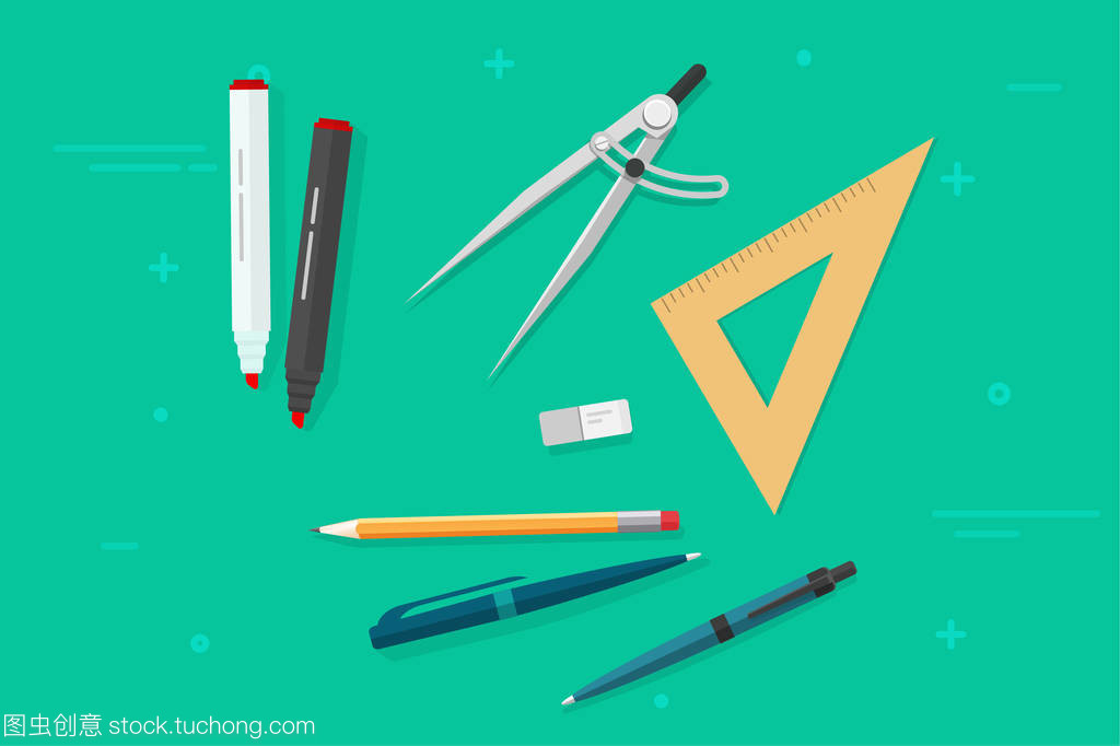 钢笔、 铅笔、 橡皮擦、 三角统治者、 标记、 圆珠笔钢笔、 指南针分频器矢量文具对象分离